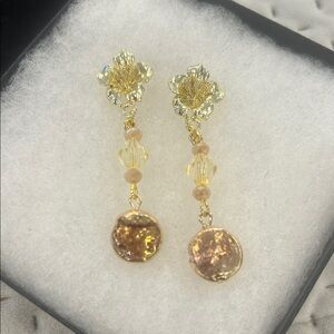 Natural Brown Abalone Drop Earrings with Crystals-NWT